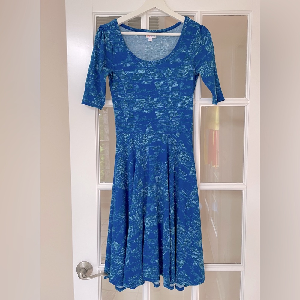 LuLaRoe - Nicole Fit & Flare Dress - Blue Geometric Pattern - XS